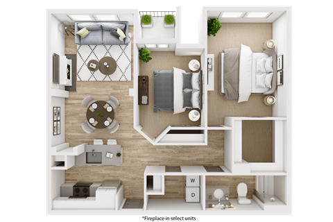 Floor plan for 2 beds, 1 bath, 989 sqft